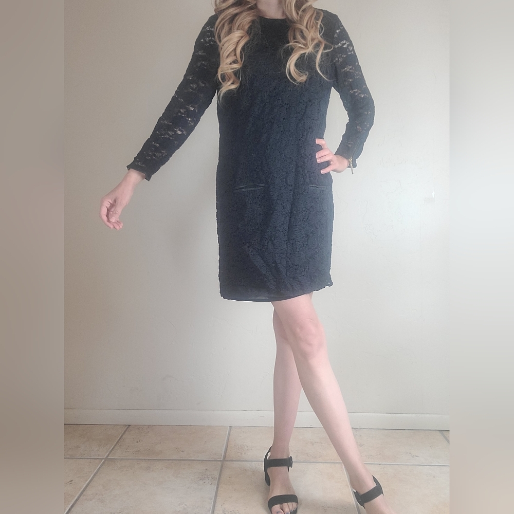 Juicy Couture Cute Office Work Dress Black Lace Dress Faux Leather Trim Size L